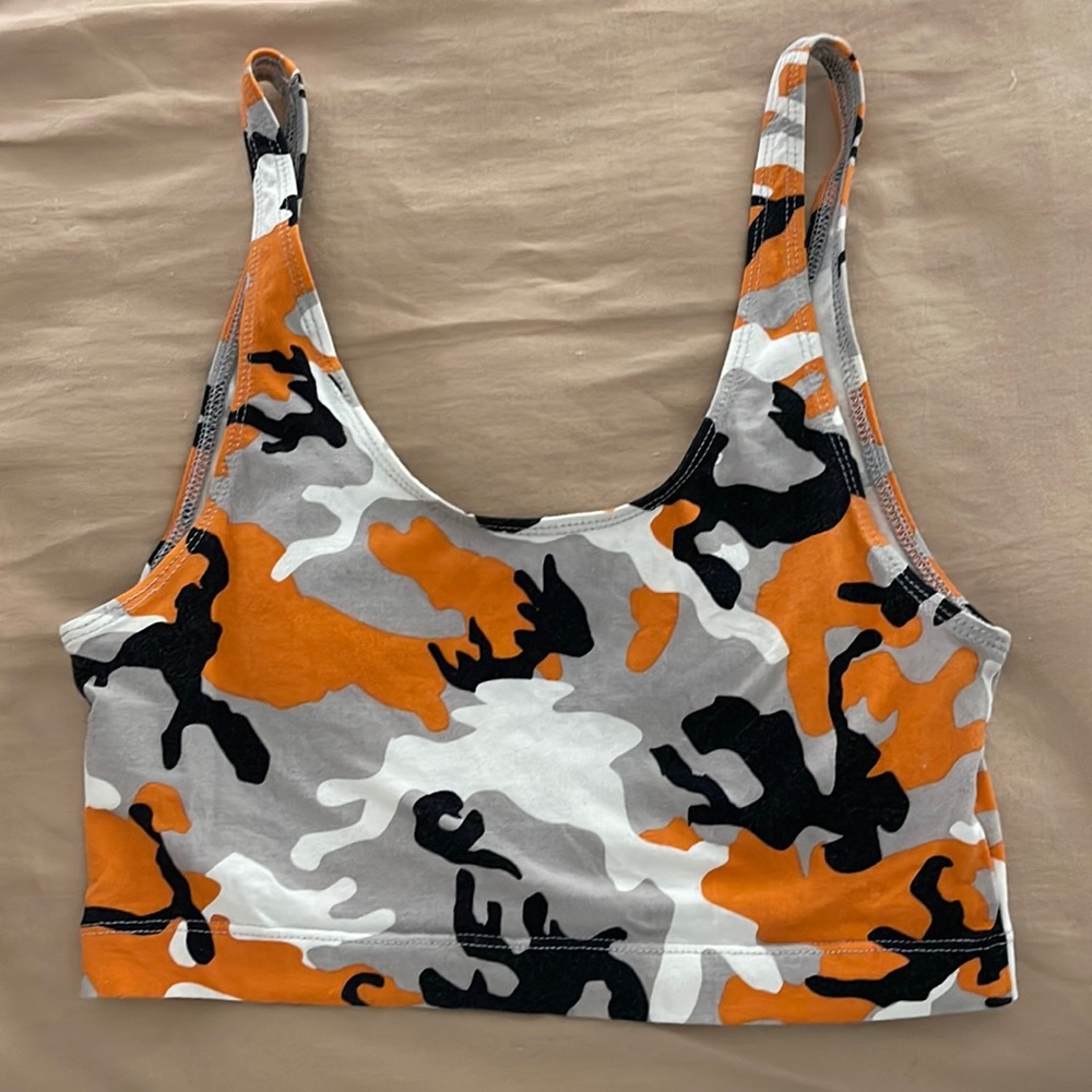 Orange black and white/gray camo cotton crop tank